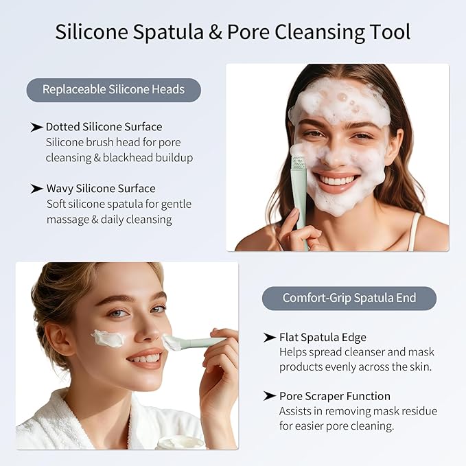Blackhead Remover Tool, Stainless Steel Face Scraper, Skin Scrubber Face Spatula for Deep Cleansing, 3-in-1 Skin Care Tool with Blackhead Scraper, Mask Applicator & 2 Silicone Heads (Green)