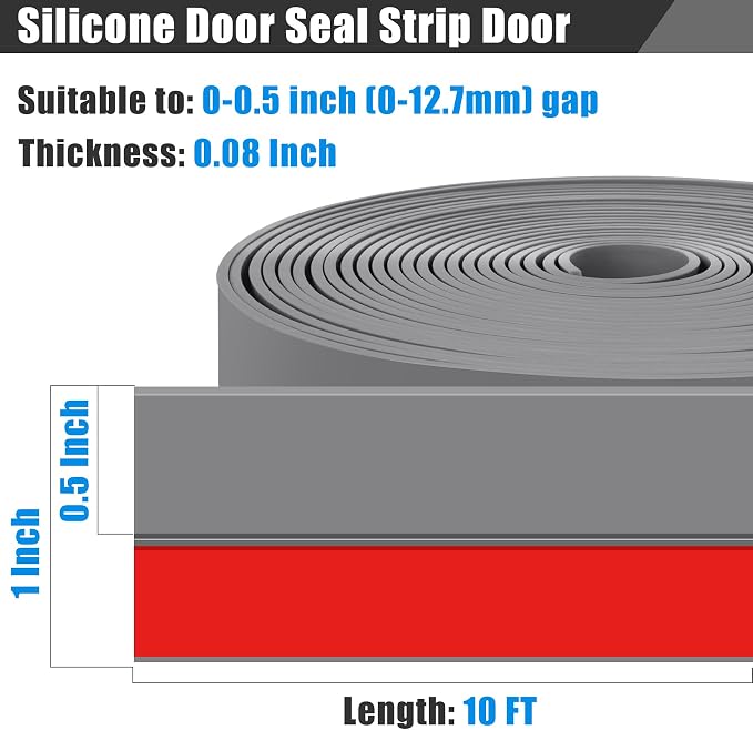 Draft Seal Tape for Doors and Windows 1 in x 10 Ft Silicone Weather Stripping Extra Thick 2mm Door Seal Strip with Strong Adhesive Draft Insulation Stopper Side Seal - Gray