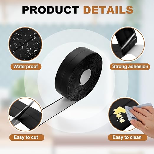 uxcell Caulk Tape Waterproof, 0.83 Inch x 16.4 ft Self-Adhesive Sealant Sealing Strip Caulking Sealant Tape PVC with Tool for Kitchen Sink Toilet Bathroom Bathtub Floor, Black