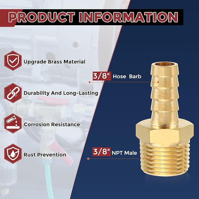 Pack of 8 Brass Hose Barb Fittings 3/8" Hose Barb to 3/8" NPT Male Fittings