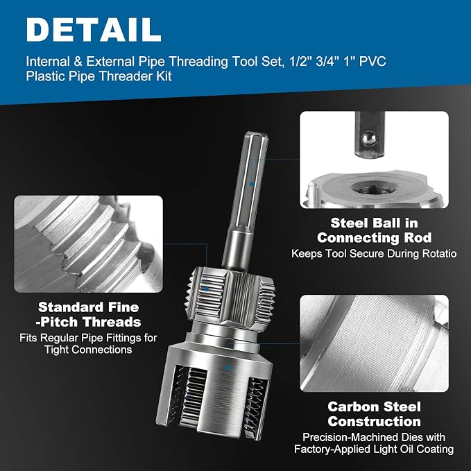 3PCS PVC Pipe Threading Tool Set for 1/2″ 3/4″ 1″ Pipes - Dual Internal & External Threader, Carbon Steel & Drill Compatible for Plumbing DIY