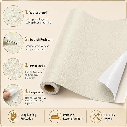 Self Adhesive Leather Repair Patch 24x54 Inch Sofa Car Seat Strong Adhesive | YAWQIRV Strong Self Adhesive Patch, Leather Repair Kit and Vinyl Repair Kit for Sofa, Waterproof, Scratch Fix, Durable, Beige