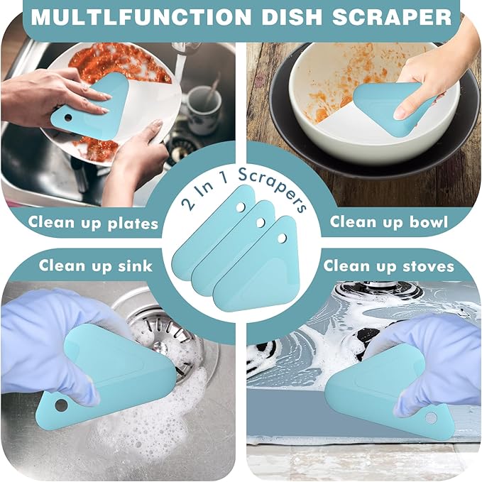Food Scraper, 2-in-1 Pot and Pan Dish Scraper, Nylon and Silicone, Kitchen Scraper Tools for Cast Iron Skillets, Cookware, Dishes, Pans and Pots, Heat Resistant, Set of 3, Blue