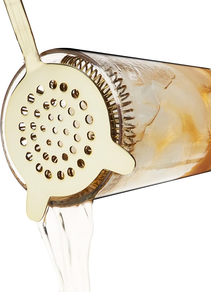 Twine Bar Tool Set Includes Hawthorne Strainer, Citrus Knife, Ice Tongs, Double Jigger with Marble Display Stand for Classic Cocktails and Cold Brew Drinks, Home Bar Cart Accessories, 4-Piece, Gold
