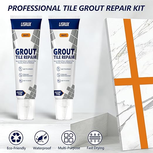 Tile Grout Repair Kit, 4 Pack Fast Drying Grout Filler for Shower, Bathroom & Kitchen, Waterproof Tile Grout Paint, Grout Sealer Restores and Renews Tile Gaps, Joints, Lines (White, 4.8oz / 136g Each)