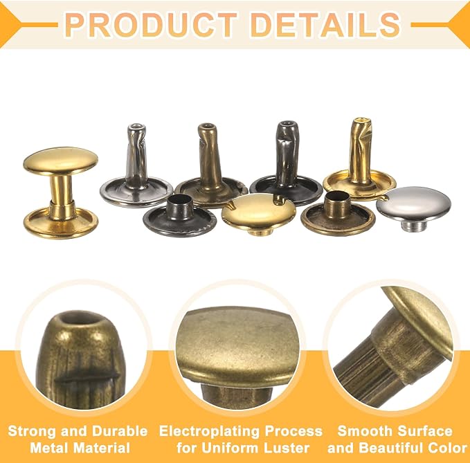 uxcell 120Set Leather Rivets, 12mm Double Cap Rivet Tubular Metal Studs Repairs Decoration Craft Accessories for Repair Decorate Leather Craft Belt Bag Shoes Purse Belts, 4 Color