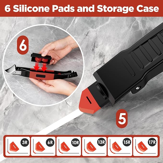 6 in 1 Silicone Caulking Tool Kit with Caulk Grout Remover Tool Sealant Finishing & Smoothing Tool, Grout Scraper, 6 Reusable Pads and Adhesive Residue Scraper for Kitchen Bathroom Tile Sink (Red)
