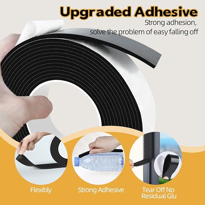16.4 Feet Foam Weather Stripping Tape,2 Inch W x 1/4 Inch T,High Density Insulation Tape,Self-Adhesive Seal Strip for Doors & Windows-Draft Blocker,Soundproofing,Waterproof，Black