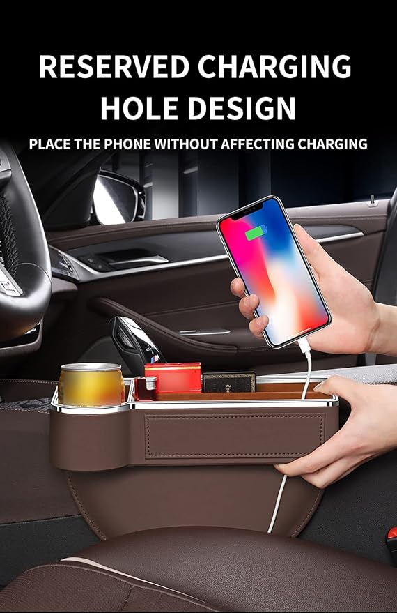 SANRILY Black Universal Car Seat Gap Filler Organizer with USB Hole Fashion PU Leather Multifunctional Car Center Console Organizer with Cup Holder 1 Pack