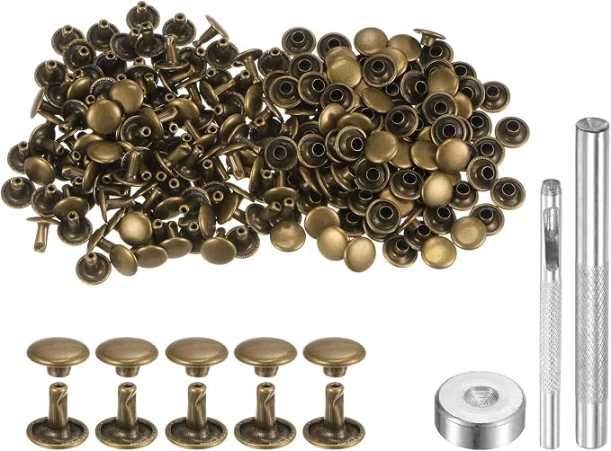 HARFINGTON 100 Sets Leather Rivets 8 x 9mm Metal Double Cap Rivet Snaps Studs Fasteners with 3pcs Setting Tools for Leather Craft DIY Repair Decoration, Bronze