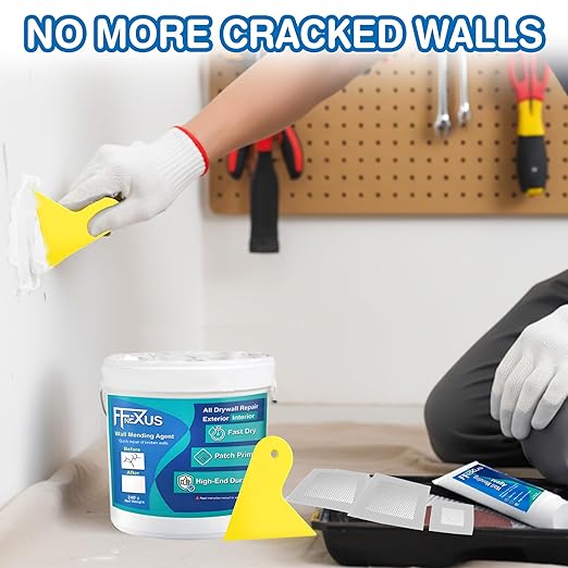 Drywall Repair Kit – 4.23 oz Tube + 8.47 oz Putty Jar with 2×2″&4×4″ Wall Patch Mesh, Dual Scrapers & 2 Sandpapers| Fast-Dry Spackle & Sheetrock Crack Filler for Wall, Ceiling, Plaster Repair
