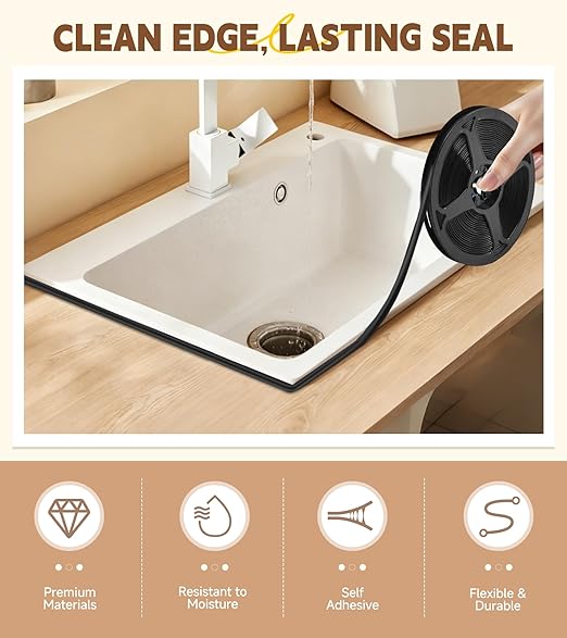 Caulking Tape Self Adhesive, Caulk Tape Sealing Waterproof, Caulk Strip Peel & Stick, for Kitchen Sink, Tub, Toilet, Wall Edge, 1/3" x 20Ft Narrow Gap Tape Wall Trim, Black