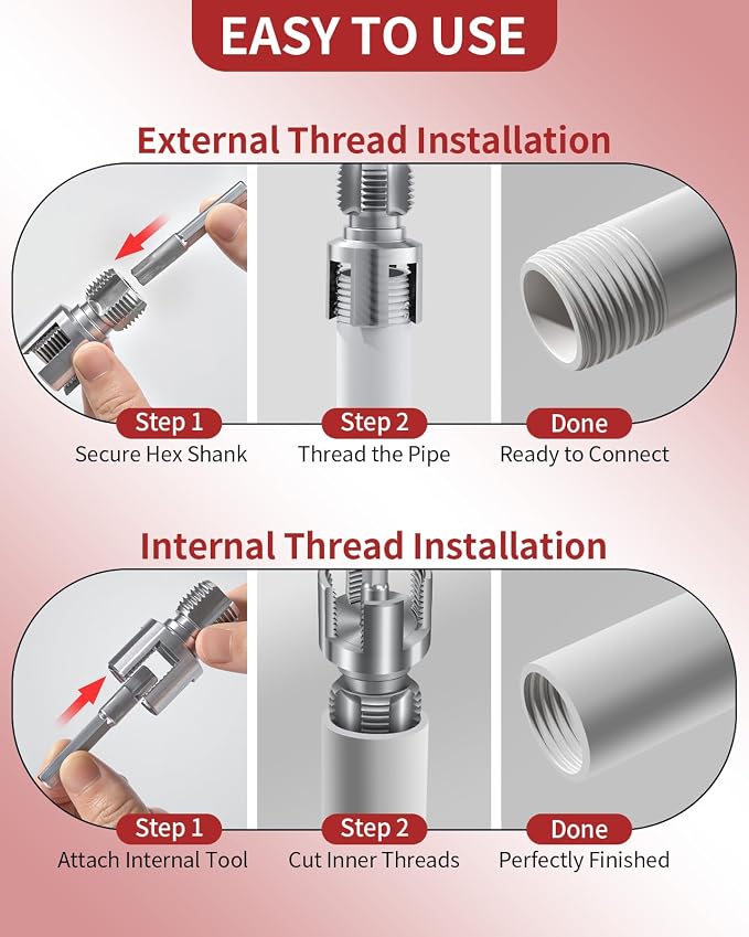 3PCS PVC Pipe Threader Kit for Drill,Internal & External Threads | Fits 1/2", 3/4" and 1" PVC pipes; drill-compatible tools create clean internal and external threads for plumbing repairs.