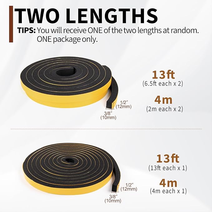 Yotache Foam Tape Weather Stripping for Door 1/2" W X 3/8" T (New Adhesive Craft), High Density Closed Cell Adhesive Weather Seal Strip Black, 13 Ft Length