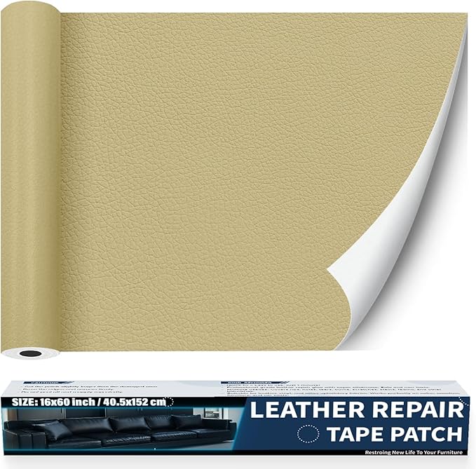 Zenyao Leather Repair Patch Tape - Self Adhesive Leather Repair Kit for Car Seat Furniture, Heavy Duty Vinyl Repair Patch for Couch Sofa, Waterproof Fix for Tears, 12x30 Inch Roll, White Khaki