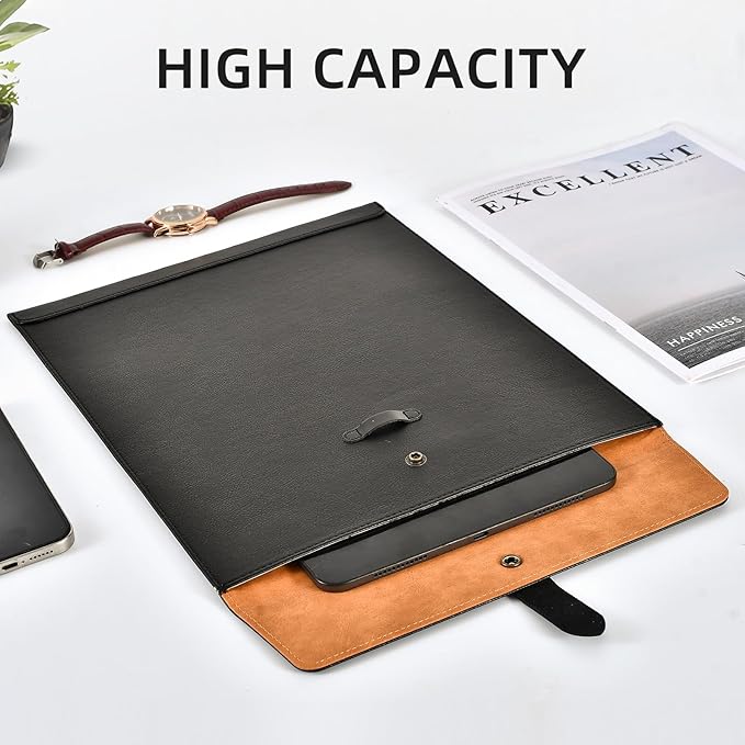 Black PU Leather File Folder, Snap Closure File Organizer, Important Document Folder, Document Organizer, Laptop Sleeve Notebook Case, Leather Folder A4 Envelopes Filing Folder