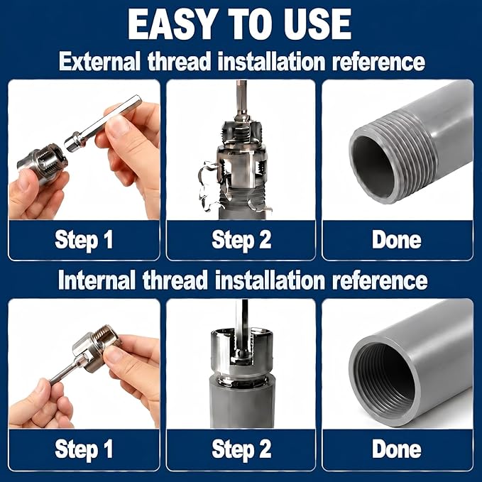 3 Pcs Pipe Thread Cutting Tool & PVC Pipe Threader Kit, Internal & External Rethreading Tool for 1/2", 3/4" & 1" PVC Plastic Pipes, Electric Drill Compatible for Plumbing Repair