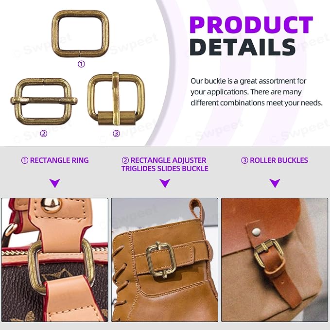 Swpeet 5 Style Metal Buckles - Adjustable Slide, D Ring, Circular Ring