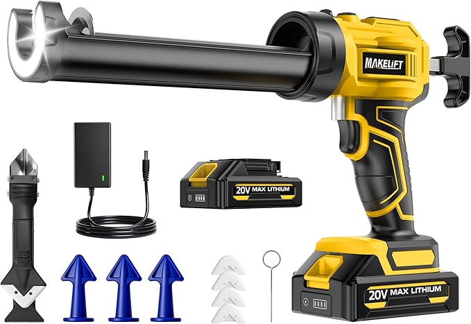 Electric Caulking Gun, 10oz Caulk Gun with 1x2000mAh Batteries, Cordless Caulking Gun, 4 Adjustable Speeds, LED Light, Auto Retraction, 9 Pcs Silicone Caulking Tools for Filling and Sealing