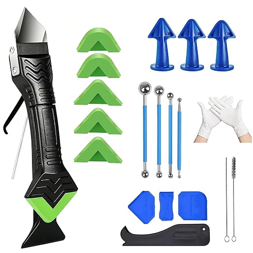 5 in 1 Silicone Caulk Remover Tool with 6 Replaceable Silicone Pads, Grout Scraper, Caulk Nozzles & Cleaning Tools, Reusable Sealant Finishing Tool for Kitchen Bathroom Window Tile Sink Seam Repair
