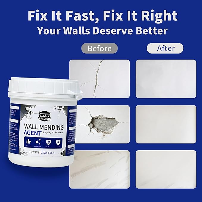 Breliter Drywall Patch Repair Kit - Premium All-in-One Repair Set (Patches/Scrapers/Sandpaper/Texture Sponge/Putty Knife) for Wall Holes, Cracks, Graffiti & Stains, Formaldehyde-Free, White (8.8oz)