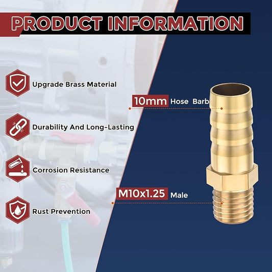 Pack of 6 Brass Hose Barb Fittings Adapter Connector 10mm Hose Barb to M10x1.25 Male Fittings for Home Machines, Massage Bathtubs, and Irrigation Systems