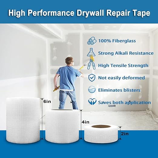 EDSRDRUS Drywall Repair Tape, 4in, Self-Adhesive, 100ft, Fiberglass, for Indoor Wall
