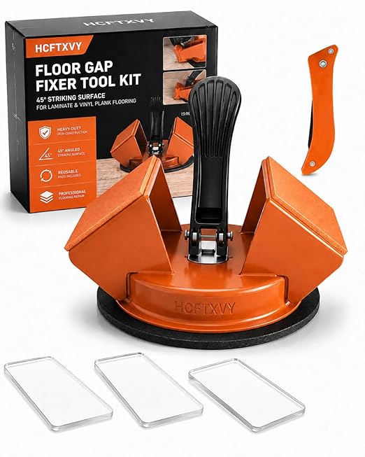 Floor Gap Fixer Tool 45° Striking Surface Pro, Laminate Flooring Repair Suction Cup Vinyl Plank Heavy Duty Iron Grabber Reusable Kit with Sticky Pads Cutter for Wood Tile Lvp Floating(#A-1pc)