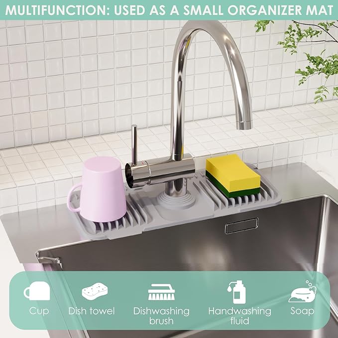 24 Inch Silicone Faucet Mat for Kitchen Sink Splash Guard - 7° Slope Water Draining Mat With Fasten Button for Bathroom Area (Gray, 14.6''x5.5'')
