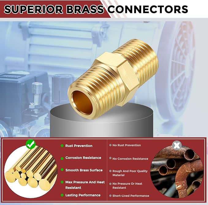 Pack of 10, 1/8" NPT Male to 1/8" NPT Male Solid Brass Hex Nipple Hose Connectors, Male Pipe Adapter for Pipe Leak Repair, Bathroom Remodeling, Tool Extensions, Compression