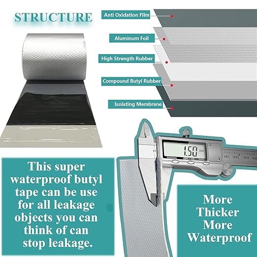 MEANHDAG Super Waterproof Butyl Tape and Patch for Seal Repair, Adhesive Duct Tape with Aluminium for Pool Metal RV Roof Pipe Awning Hose Window, 4 in by 16-1/2 FT