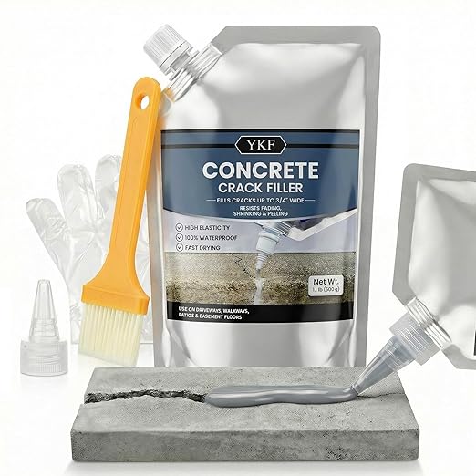 YKF Concrete Crack Filler (1.1lb) - Self-Leveling Liquid Cement Sealant for Driveways, Garage Floors, Patios - Waterproof, High Elasticity, Quick Drying - Gray