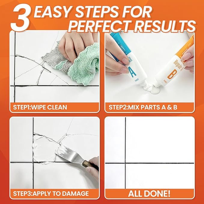 Ceramic Tile Repair Kit (Pure White), Tile Repair Kit with Super Strong Adhesion, Floor Cracked Tile Filler for Cracks, Chips, Holes on Ceramic, Porcelain, Acrylic, Fiberglass, Trim & Repair Kits