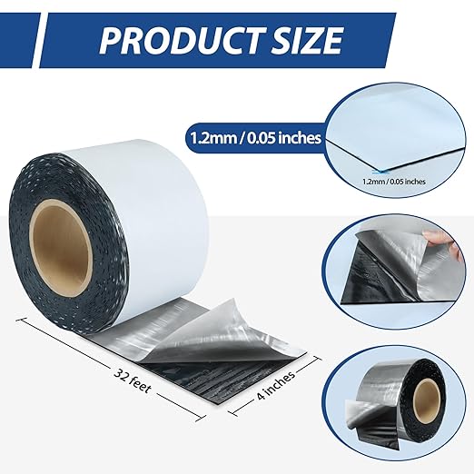 BXI Fluorocarbon Film Asphalt Waterproof Tape, 4 Inches X 32 Feet, Weatherproof Sealing Membrane, Self-Adhesive SBS Modified Bitumen Flashing Sealant Patch, Seam Leak for Roof Window Driveway Repair