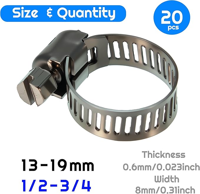 20PCS Hose Clamp Set 1/2-3/4'' 304 Stainless Steel Worm Gear Hose Clamps for Pipe, Intercooler, Plumbing, Tube and Fuel Line (1/2-3/4/13-19mm)