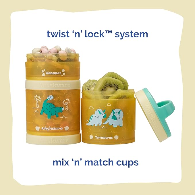 Whiskware Dinosaur Stackable Snack Containers for Babies, Kids, and Toddlers, 3 Stackable Snack Cups for School or Travel, Cupholder Friendly, Blue/Yellow