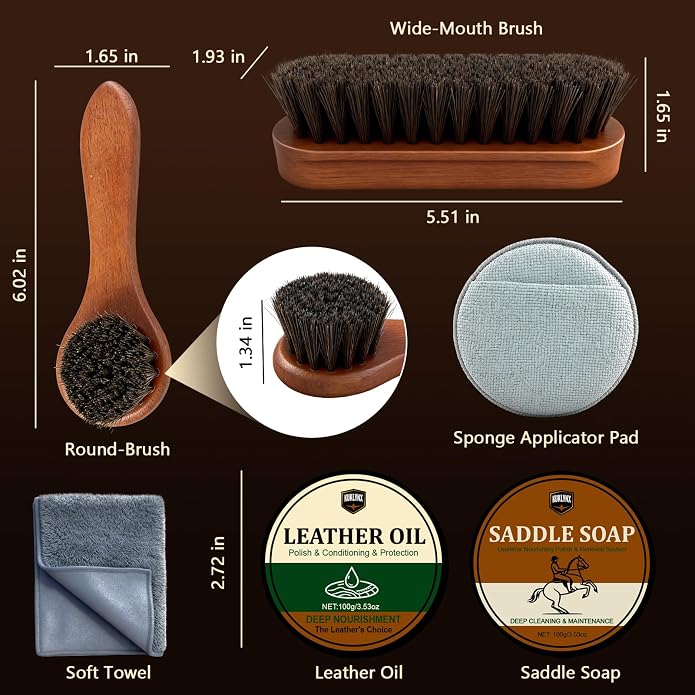Leather Care Kit – Includes 3.52oz Saddle Soap, 3.52oz Leather Oil, 2 Horsehair Brushes, Cloth & Sponge – Complete Leather Cleaning, Polishing & Conditioning Set – Perfect Gift for Men & Women