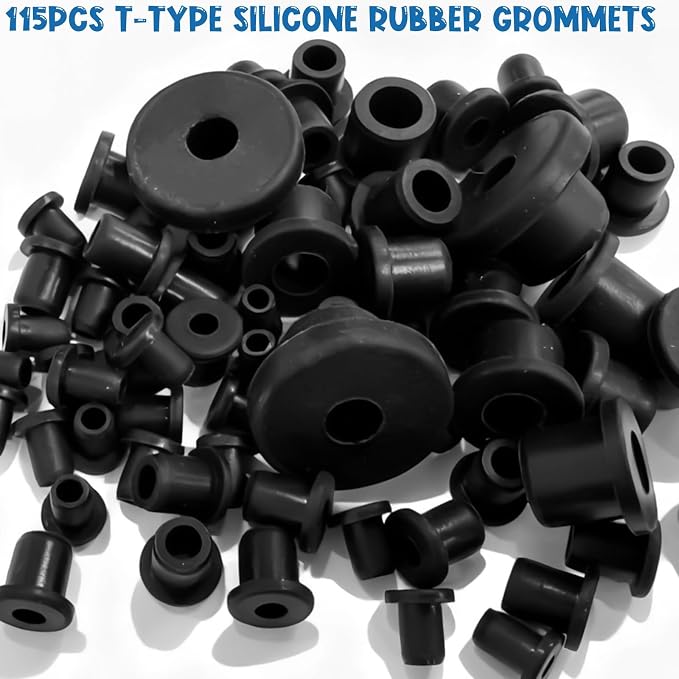 115 Pcs T-Type Silicone Rubber Grommet Kit, 6 Sizes Bushings for Wiring, T-Type Design Grommets for Hydroponics, Valve & Pipe Repair, Cable Protection in Automotive, Gardening & Industrial Use