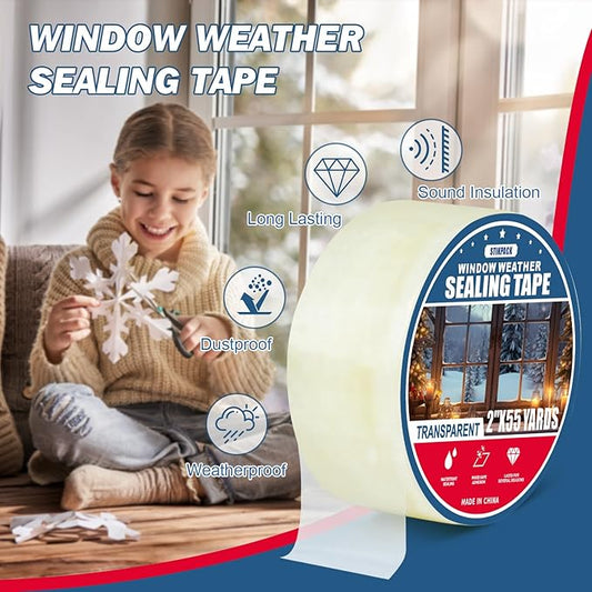 1Pack Window Weather Sealing Tape, 2in x 55y,Clear Window Insulation Tape for Doors Windows and Shower Glass Gaps,‎Waterproof,No Residue