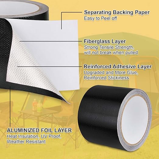 RV Awning Repair Tape Heavy Duty Waterproof Tent Repair Tape for Tarp,Parasol, Canopy, Car and Boat Covers, Underbelly Repair Patch Kit Outdoor UV proof Fabric Repair Patch Black (3 in x24.6ft)
