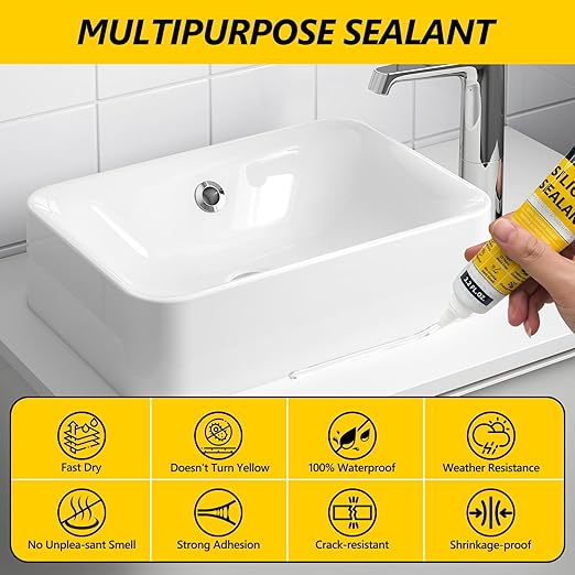 LISRUX Advanced Clear Silicone Caulk for Kitchen & Bathroom - 6 Pack (3.2 Fl Oz Each) | 100% Waterproof Silicone Sealant | Super Strong Adhesion, Shrink & Crack Proof