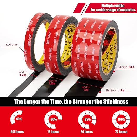 Double Sided Tape Heavy Duty, Waterproof Mounting Foam Tape, 16.5ft Length, 0.59in Width, High Temperature Resistant Adhesive Tape for Car, LED Strip Light, Office Decor, Uses VHB 5952 Raw Material