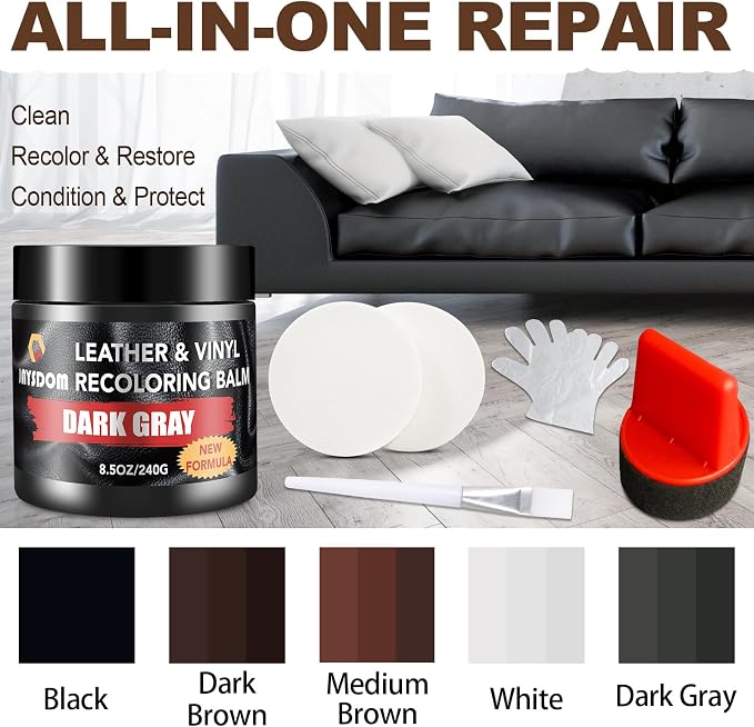 Leather Recoloring Balm, Leather Repair Kit, Leather Restorer, Leather Color Restorer, Leather Scratch Remover, Leather Dye, Leather Couch Paint, Repair, Leather Scratch Repair(Dark Gray)