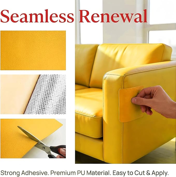 2PCS Car Leather Repair Patch Tape, 4 x 8 Inch Self Adhesive Portable Vehicle Seat Vinyl Repairs Kit, Automotive Interior Furniture Restoration Kit, Universal for SUV RV Truck (Yellow)