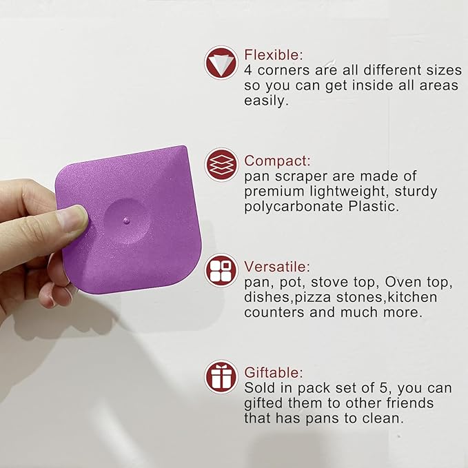 Plastic Pan Dish Pot Food Kitchen Scraper Tool Set, 3 pcs Nylon Plastic Cast Iron Skillet Cleaner Scrubber Scrapper, Kitchen Scraper Non-Scratch (Purple)