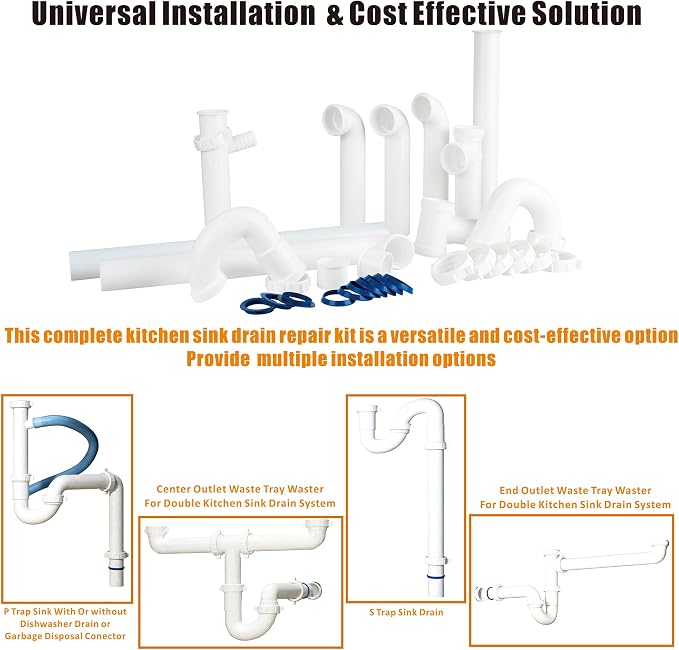Kitchen Sink Drain Kit,1-1/2”,for Most Kitchen Sink Drain Repair Kit and Bathroom Sink Drain Kit, Kitchen Sink P Trap Drain Kit 1 1/2” for Sink Plumbing Kit, Completed Sink Pipe Replacement Kit