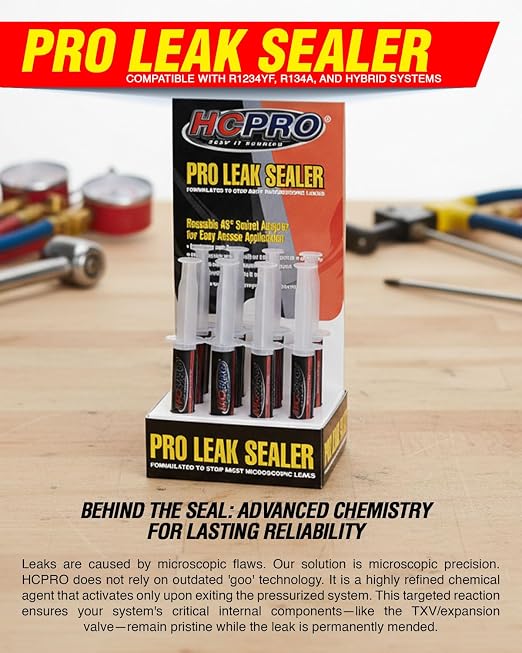 HCPRO HCLEAK12R Pro Leak Sealer with 45° Swivel Adapter for Easy Access Application 12 Applications 0.25 FL Oz. for AC, Refrigeration, and Automotive Systems Compatible with All Refrigerants.