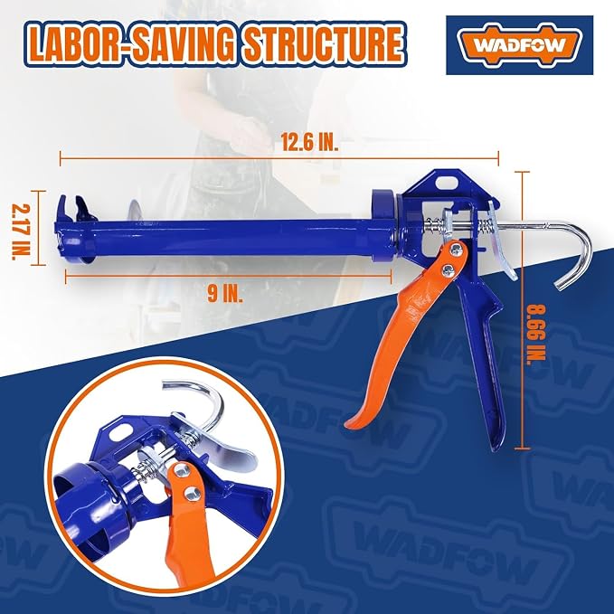 WADFOW Caulking Gun, 360° Rotary Design, Blue, No Drip Caulk Gun | Silicone Applicator for 10oz Tubes, Home Repair, Bathroom & Kitchen Sealing
