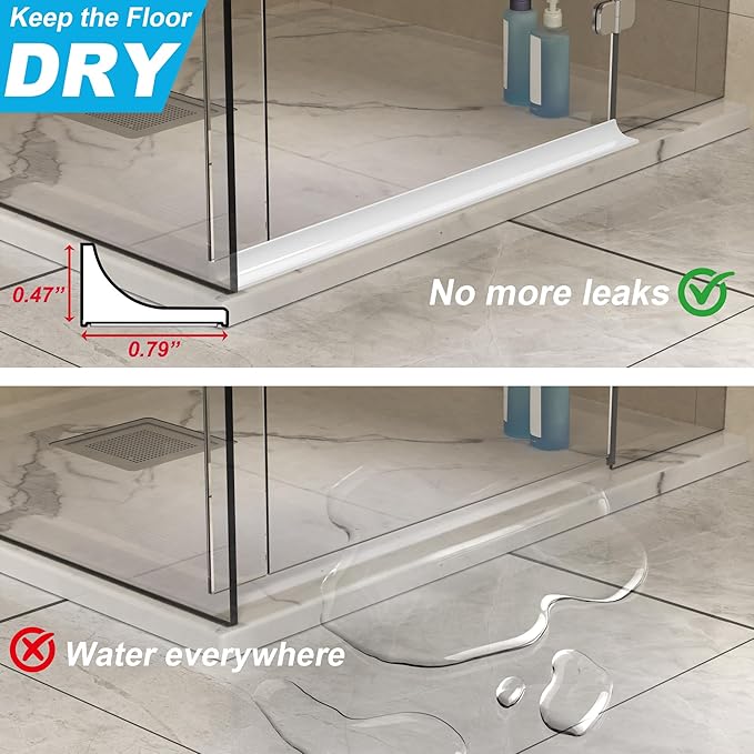 98Inch Shower Threshold Water Dam, Self-Adhesive Silicone Shower Barrier Water Stopper Shower Door Bottom Seal Strip Shower Splash Guard for Bathroom Kitchen Bathtub