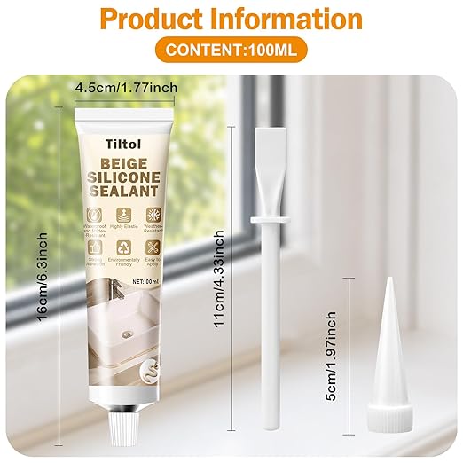 Beige Silicone Caulk Sealant - Sealant for Filling and Repairing Gaps in Sinks, Bathtubs, Shower Stalls, Toilet Bases, and Tile Joints